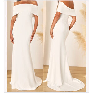 LULU'S SZ M Exceptional Romance White Off-the-Shoulder Mermaid Maxi Dress B36